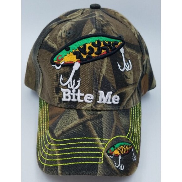 Bite Me Embroidered Fishing Lure Adjustable Camouflage Outdoor Baseball Hat Cap - Picture 1 of 10